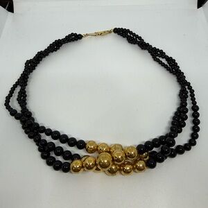 Napier Black Bead & Gold Tone Cluster Necklace 17.75”